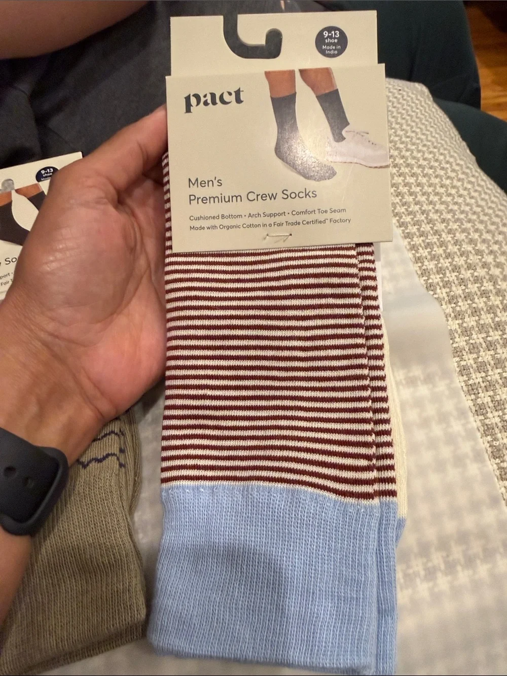 Pact Men's Crew Socks —Olive Wave & Red Stripe with Light Blue Cuff (2-Pack)